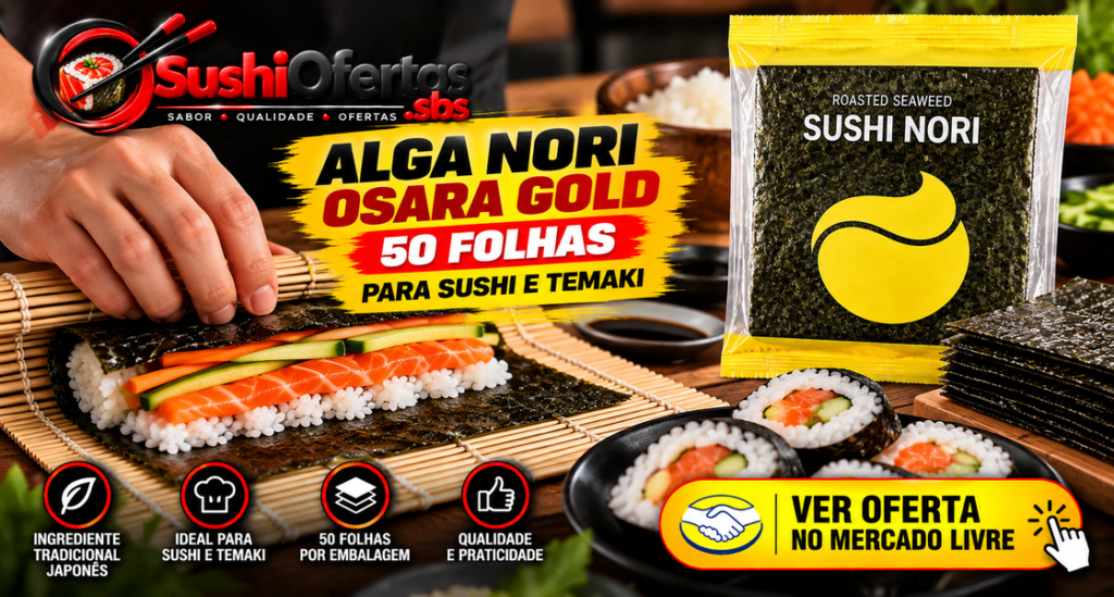 Alga nori para preparar sushi e temaki, embalagem com 50 folhas.