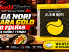 Alga nori para preparar sushi e temaki, embalagem com 50 folhas.