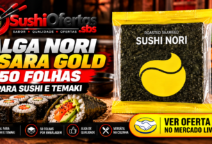 Alga nori para preparar sushi e temaki, embalagem com 50 folhas.