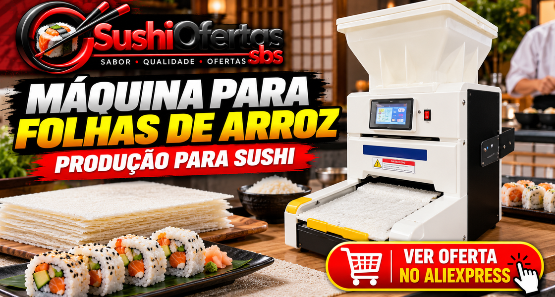 Máquina para produção de folhas de arroz para sushi anunciada no AliExpress.